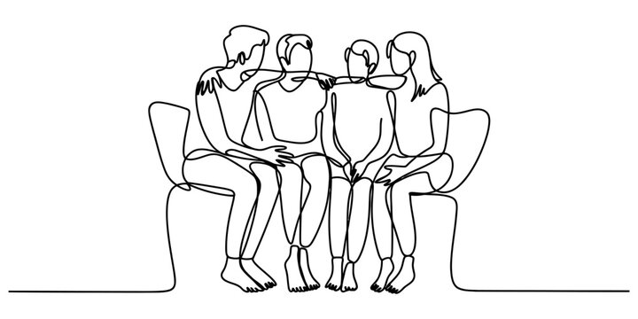 Continuous single line drawing of four friends sitting together on a couch hugging each other as a symbol of friendship and unity Vector, illustration