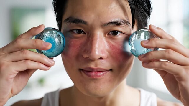 Asian man uses blue cooling globes to soothe red facial skin. He treats rosacea or irritation with cold therapy. Ideal for skincare, dermatology, and beauty routines.