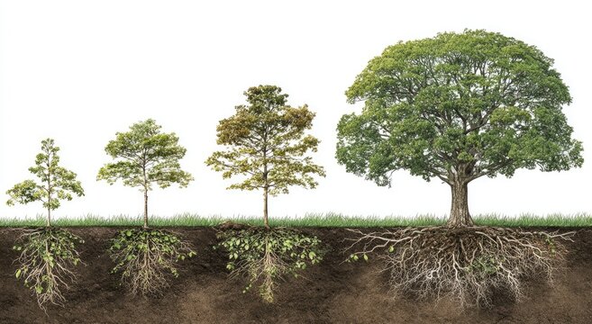 Four trees at different growth stages, showing roots below ground