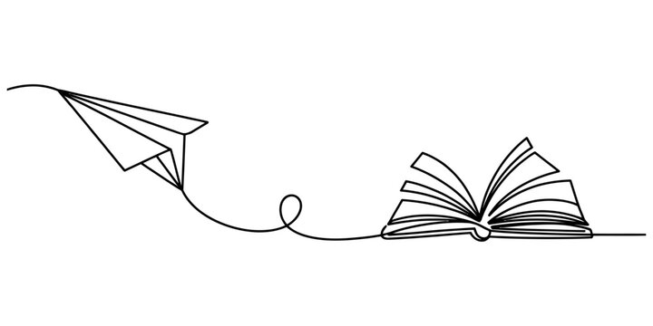 Continuous line drawing of a paper plane flying from an open book Vector, illustration