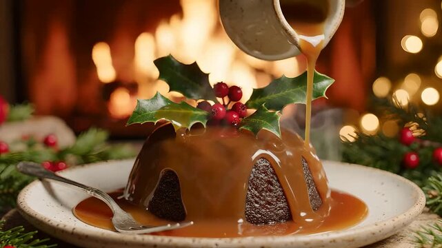Pouring caramel sauce over traditional Christmas pudding by cozy fireplace.