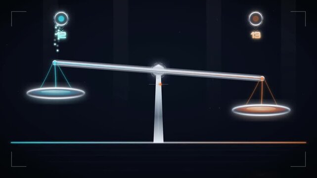 Animated balance scale weighing two glowing sides tipping back and forth in a comparison battle
