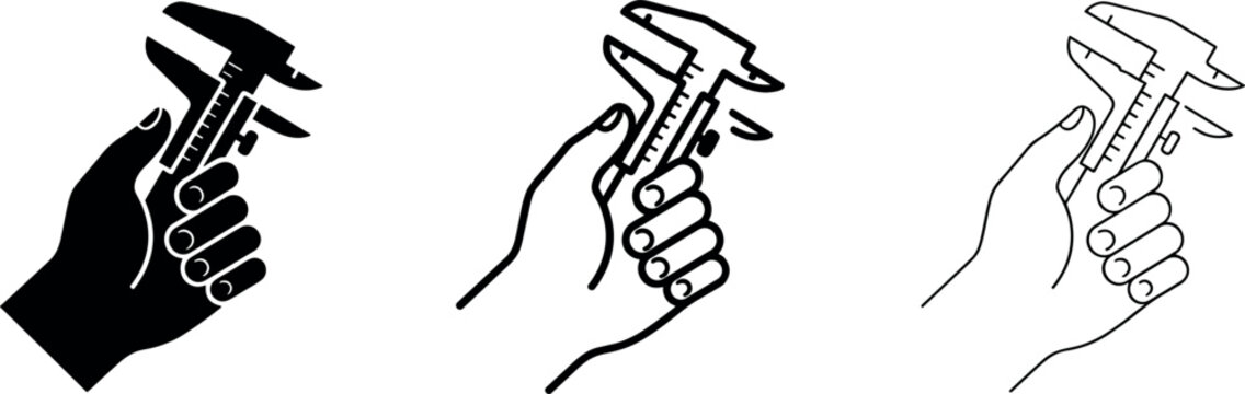 hand holding caliper measurement tool vector illustration showing solid silhouette outline and line art styles for engineering design