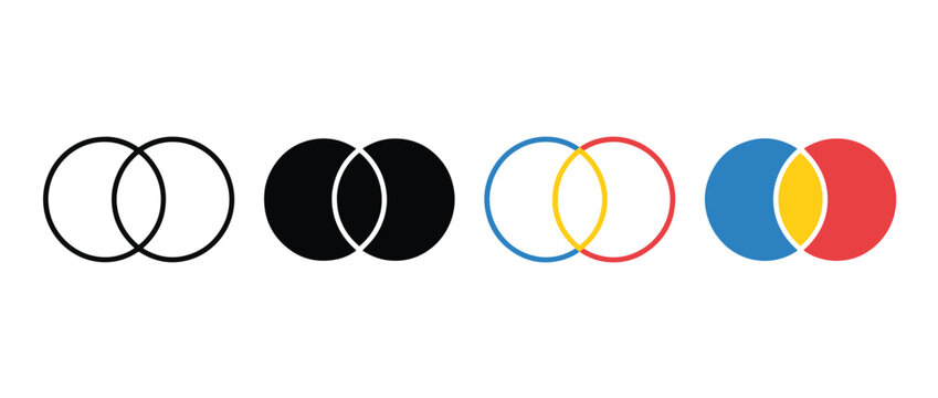 venn diagram circles icon set. overlapping shapes symbol. comparison, intersection, data relationship concept. overlap, infographic, logotype, ico vector illustration. 