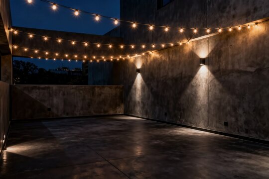 Empty industrial patio at night illuminated by warm string lights and wall sconces