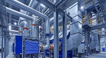 Fototapeta premium Modern industrial chemical processing plant interior with machinery and pipes