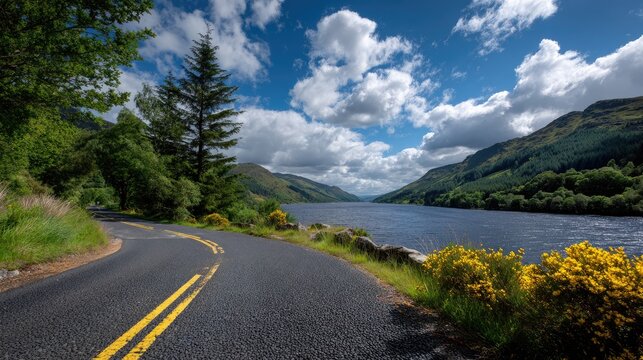 Scenic winding road alongside a tranquil lake surrounded by lush green hills under a cloudy sky