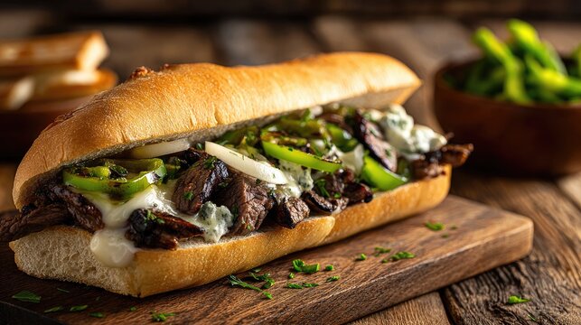 Hearty beef sandwich overflowing with peppers, onions, and melted cheese