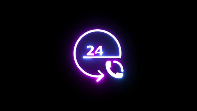 Neon call icon animation. Call icon 24 hours support icon.