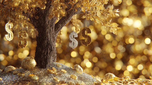 Golden tree with dollar signs hanging like fruit, on a glittering background