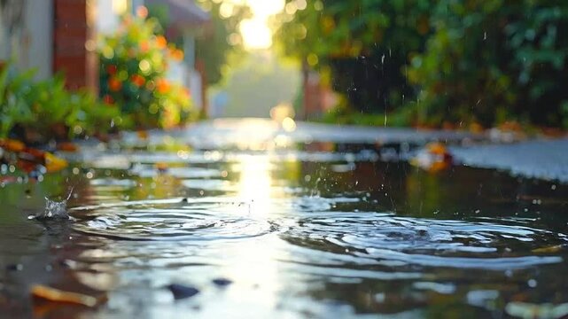 Raindrops fall into a puddle on a paved path during a bright sunny afternoon