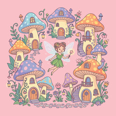 Naklejka premium A cute cartoon fairy flies among colorful mushroom houses