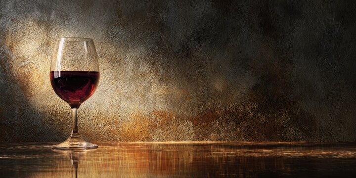 A glass of deep red wine sits on a reflective surface against a textured background