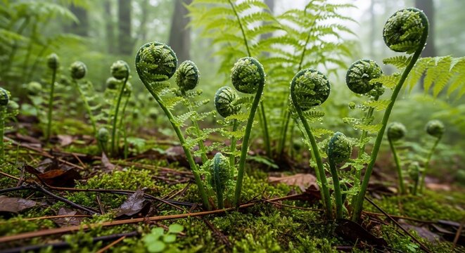 Misty Forest Awakening: Fern Fiddleheads Unfurl in Verdant Hues
