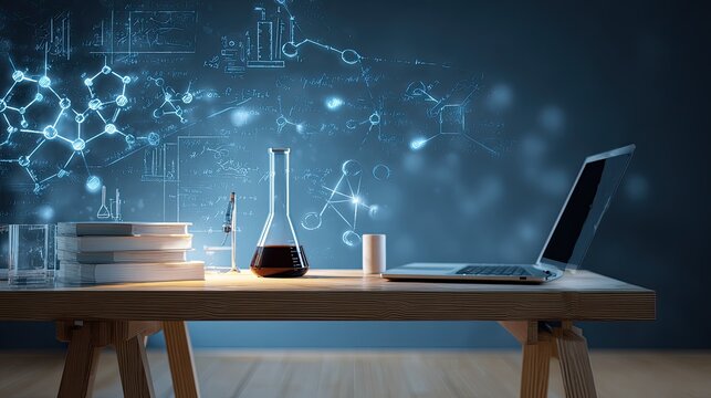 A digital science lab scene with glowing molecular models and technology