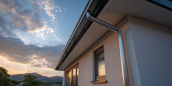 Modern house exterior with metallic guttering against a dramatic sunset sky