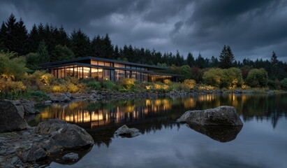 Fototapeta premium Modern building with illuminated windows reflected in calm lake at twilight