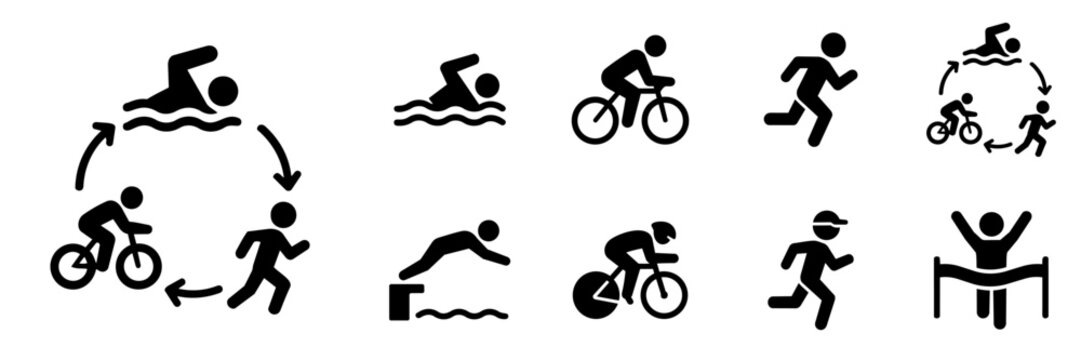 Triathlon Swimming Cycling Running Sports Silhouette Icon Set
