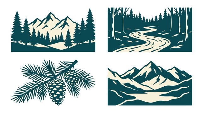 Set of four nature landscape illustrations with pine trees