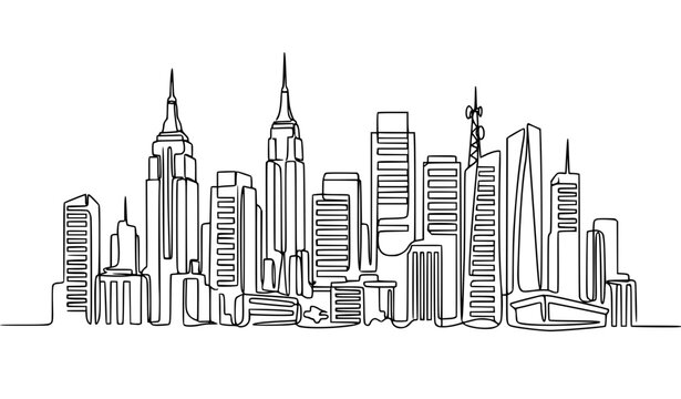 Modern City Skyline Continuous Line Vector Illustration