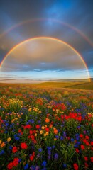 Obraz premium Double Rainbow Over Wildflower Meadow at Sunset