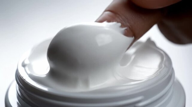 A dark-skinned finger dips into a jar of thick white face cream and lifts a dollop. Clean and clinical atmosphere focusing on skincare. Perfect for beauty and wellness marketing materials.