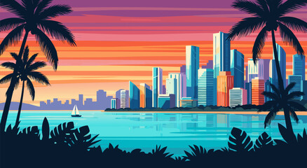 Obraz premium Vibrant tropical cityscape at sunset with palm trees and ocean view, retro vector illustration.