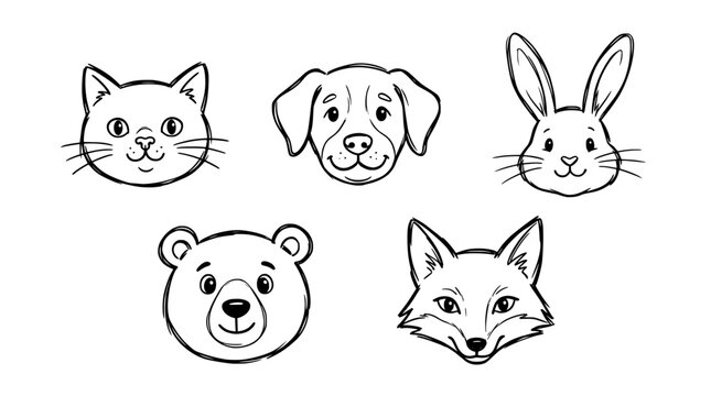 Hand drawn animal faces set, cat dog rabbit bear fox, doodle sketch collection, black ink vector illustration
