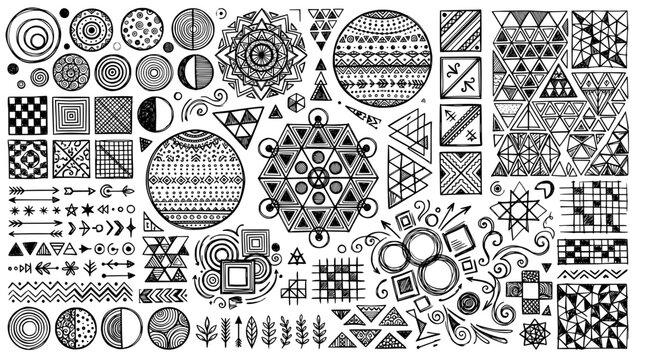 Hand drawn geometric shapes and patterns collection, circles squares triangles, doodle sketch set, black ink vector illustration