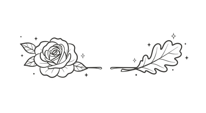 Simple Line Art Rose and Oak Leaf.