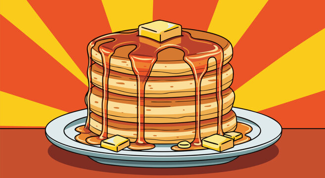 Stack of pancakes with syrup and butter on a plate, breakfast food illustration.