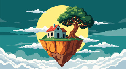 Naklejka premium Fantasy floating island with house and tree in the sky, whimsical illustration.