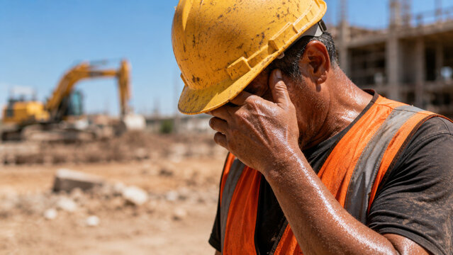 Sweat drips from construction worker brow as he deals with heat and stress on challenging job site