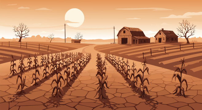 Arid agricultural landscape with dry cracked soil and cornfields under a scorching sun, depicting drought conditions.