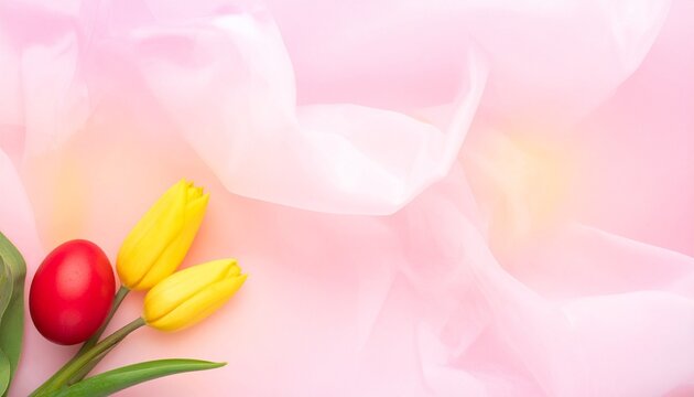 Single yellow tulip and red egg side by side on smooth pink background with subtle shadows.