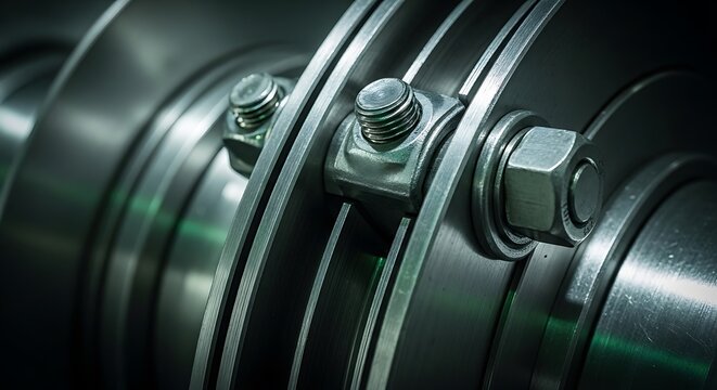 Close-up of industrial pipe clamp and bolt assembly on metallic surface