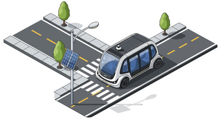 Smart city isometric landscape (summer, solar-powered) Autonomous vehicle, self-driving car, road intersection, urban transportation, futuristic isolated on White Background Vactor EPS © Creative Studio 