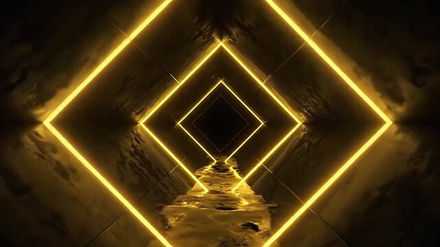 A dark tunnel features glowing yellow diamond shapes in a perspective view
