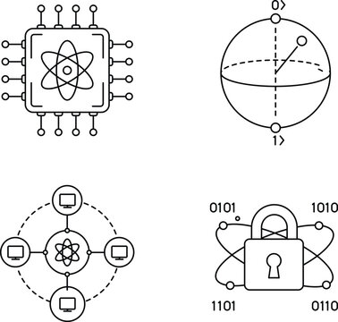 Quantum computing icon set. Containing design technology, digital, ai, network, quantum