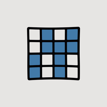 A simple hand-drawn grid icon with blue and white squares