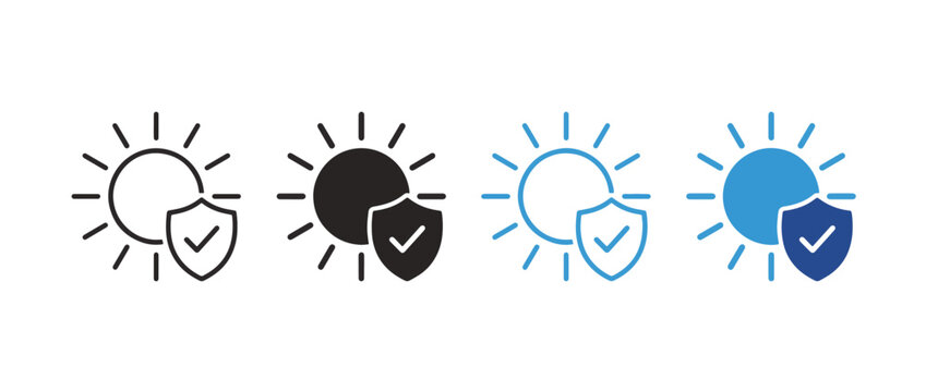 Sun Protection Icon Set. Shield and Sun Symbols for Safety and Sunscreen. outline, sun, ultraviolet, rays, safety Vector Illustration. 
