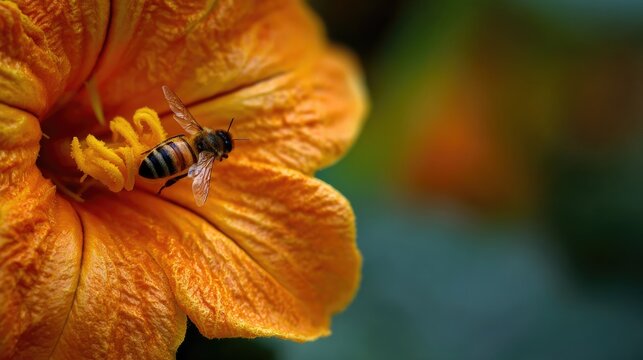 A bee on a pumpkin flower, late summer harvest, vibrant orange and yellow, macro shot, vegetable garden background