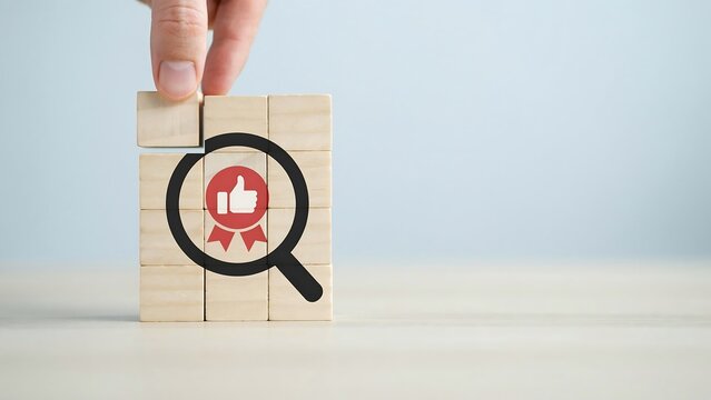 A hand places a block with a magnifying glass and thumbs up icon on a stack of wooden blocks on a table.