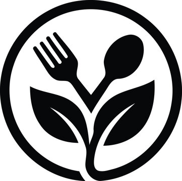 Black silhouette of fork and spoon crossed over leaves in circle  symbol for eco friendly eating and vegetarian lifestyle