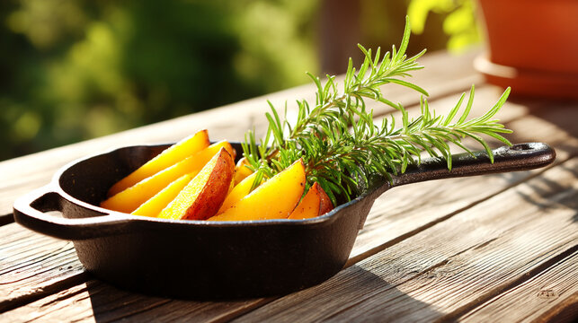 Fresh roasted potato wedges with green rosemary sprigs in a small black cast iron skillet