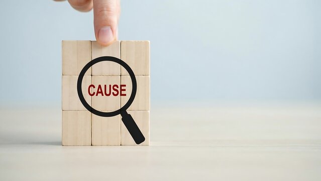 A hand places a block with a magnifying glass and the word 'CAUSE' on a stack of wooden blocks on a table.