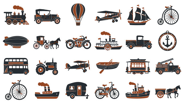 Illustration featuring vintage vehicles and transportation icons in a steampunk style