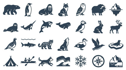 Obraz premium Collection of Arctic and Antarctic animals along with abstract compass snowflake and canoeing symbols