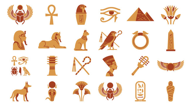 Ancient Egyptian Culture Icons: Hieroglyphics Mythology and Historical Symbols in Flat Design Vector Set