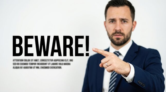 Man in suit points to beware warning sign